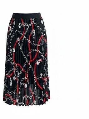 Women’s new small Black Pleated Midi Skirt with Red Chain Print